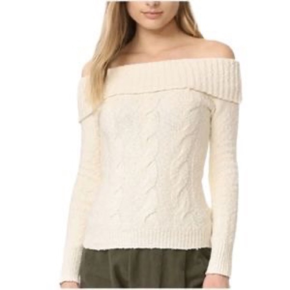 Free People Cable Foldover Off the Shoulder Sweater In Sweet Almond Cream Size S